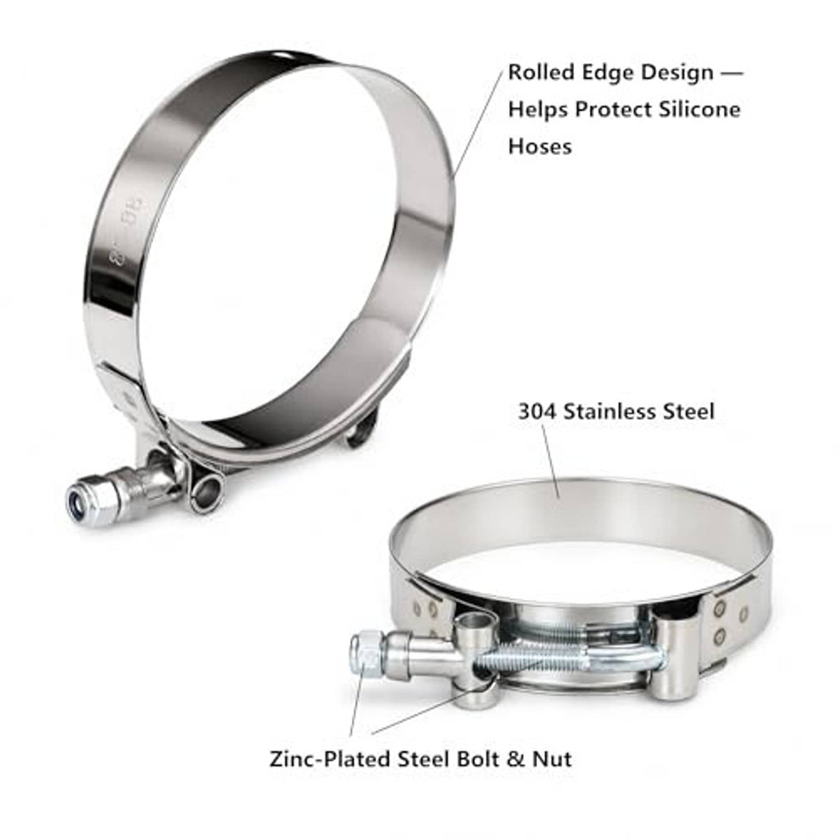 Silicone hose coupler with rolled edge, stainless steel clamp and zinc-plated bolts