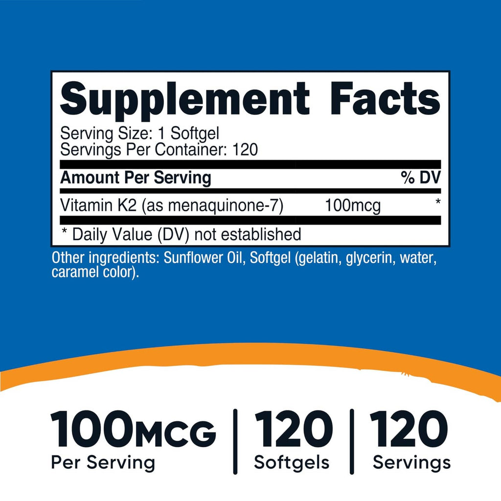 Supplement Facts panel showing Vitamin K2 100 mcg, 120 softgels