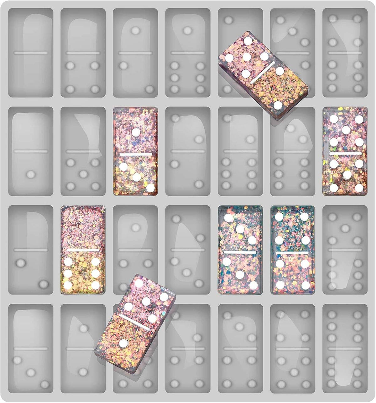 Gray domino mold silicone sheet with glitter resin domino inserts in cavity rows
