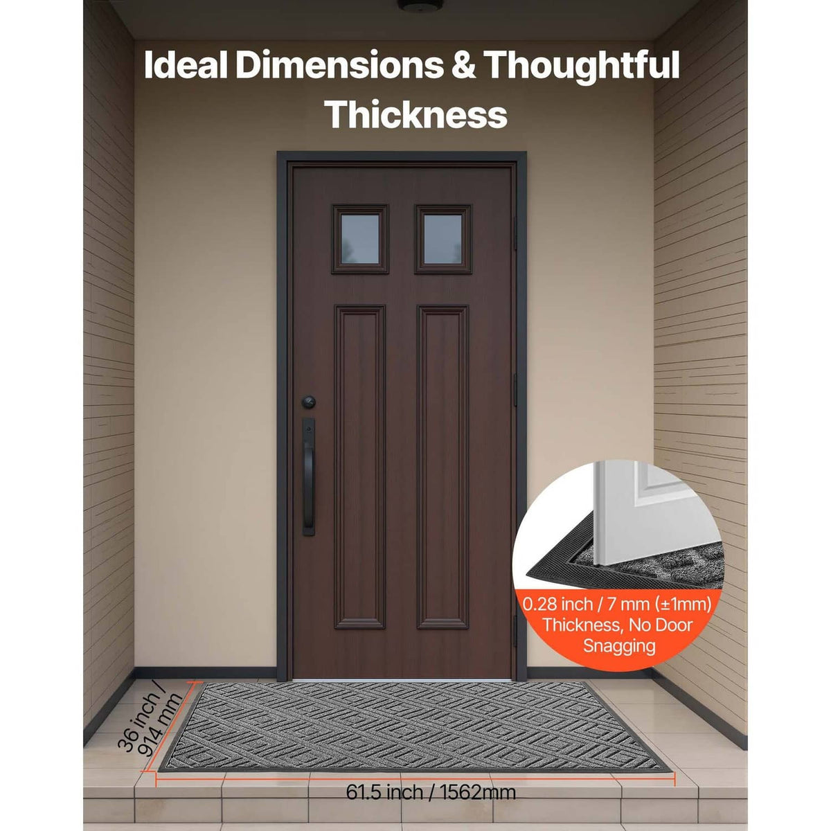 Grey front door mat on entryway floor, textured geometric surface with raised edges.