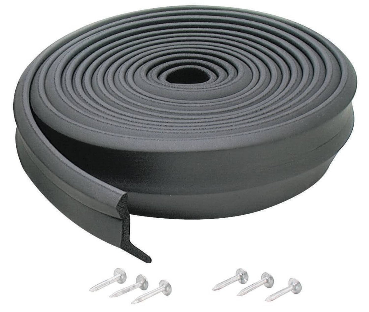 Black rubber garage door bottom seal roll with end flap and included mounting hardware
