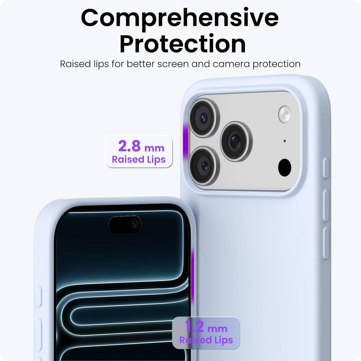 Baby blue iPhone case with raised camera and screen lip protection, slim fit.