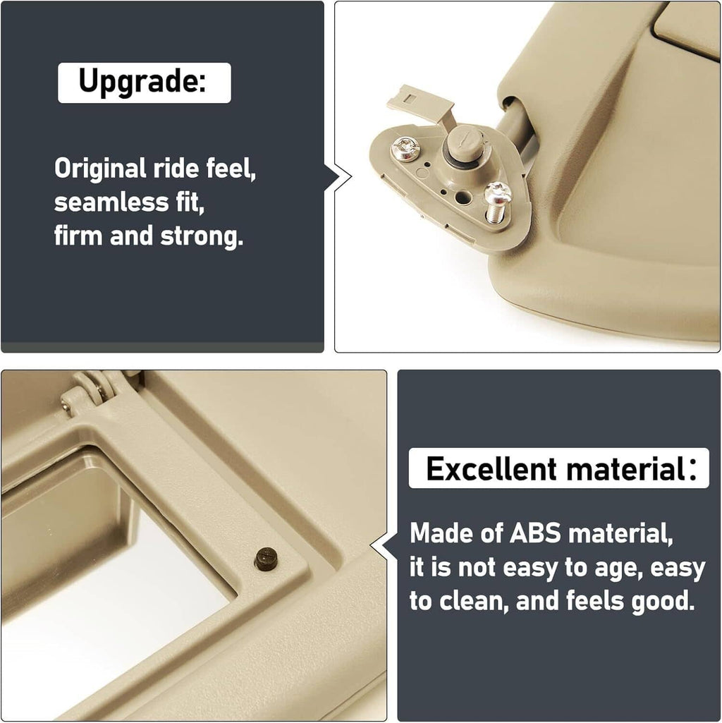 Beige sun visor hinge and ABS material detail close-ups