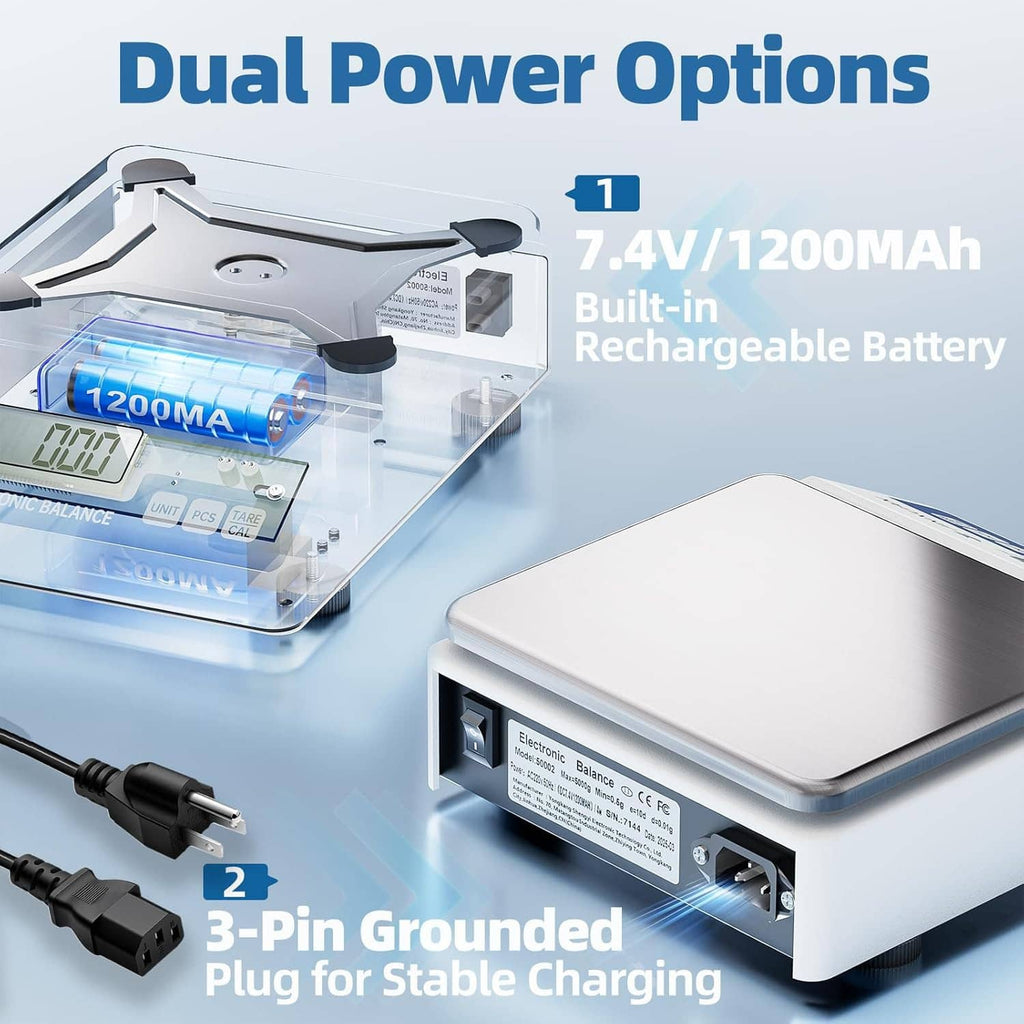 Rechargeable digital milligram scale with display and metal platform, dual power base