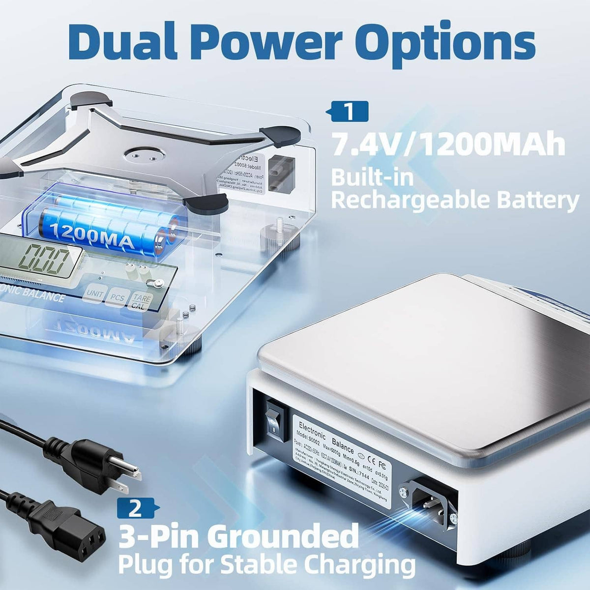 Rechargeable digital milligram scale with display and metal platform, dual power base