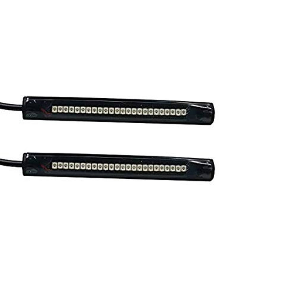 Close-up of two LED turn signal strips with amber diode rows and black housings