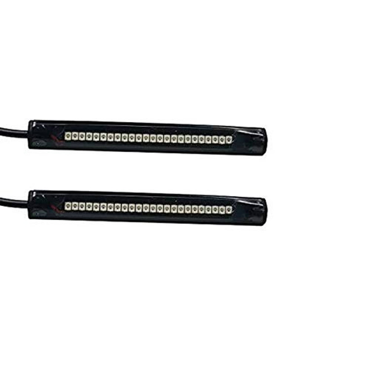 Close-up of two LED turn signal strips with amber diode rows and black housings