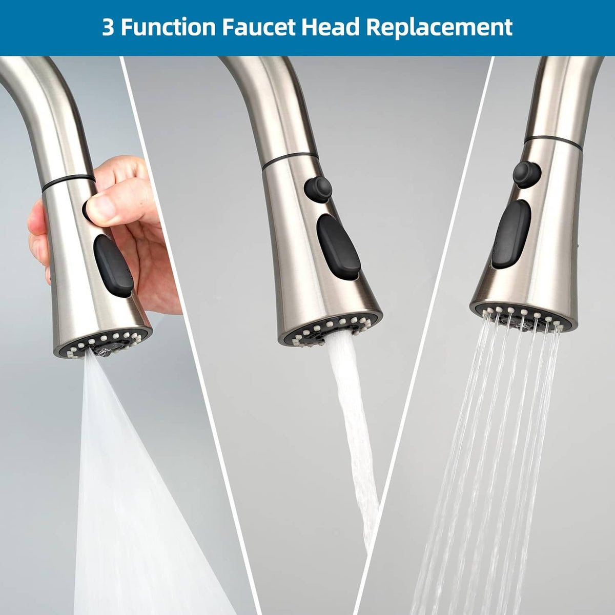 Universal faucet head replacement showing three water spray patterns from nozzle