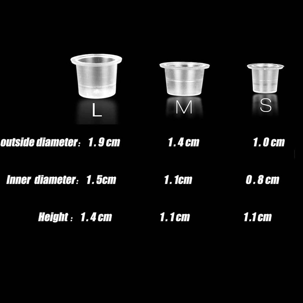 Small clear plastic tattoo ink caps in sizes L, M, S, open cups
