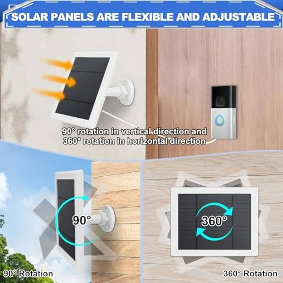 Adjustable solar panel charger with flexible mount for 90 and 360 rotation