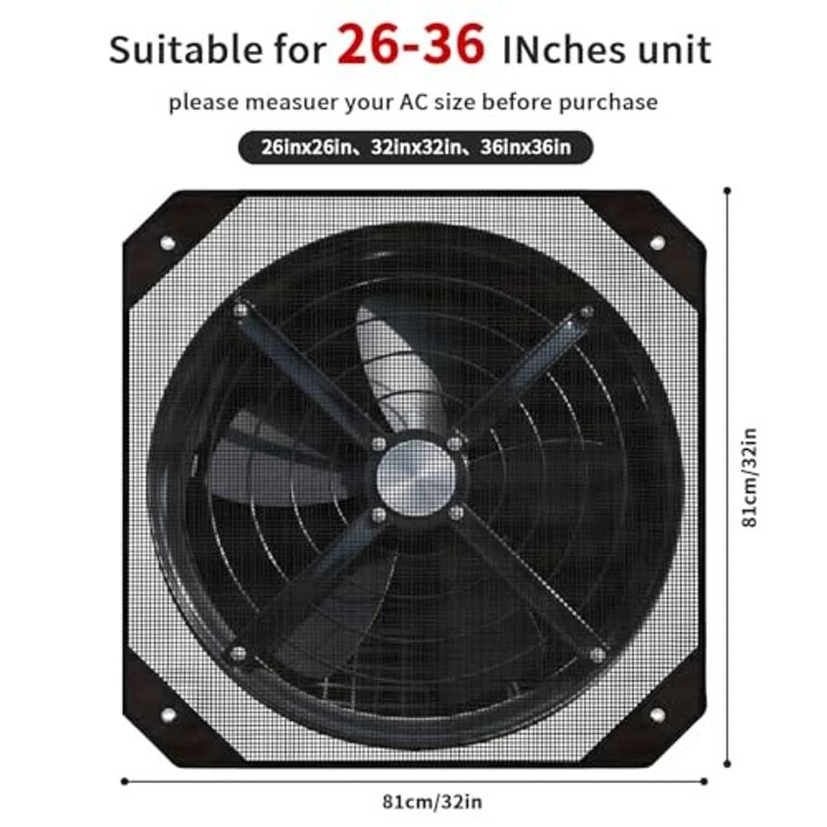 Outdoor AC unit cover, square black-and-gray mesh designed for 26–36 in units