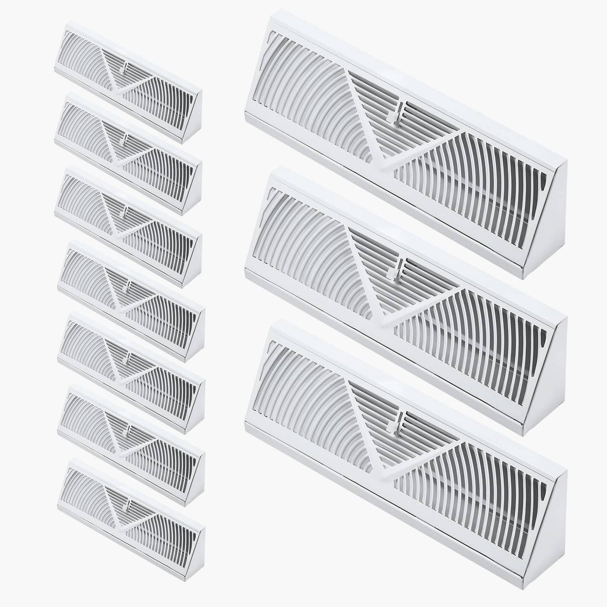White 15-inch floor register HVAC vent with slatted grille and V-shaped center divider.