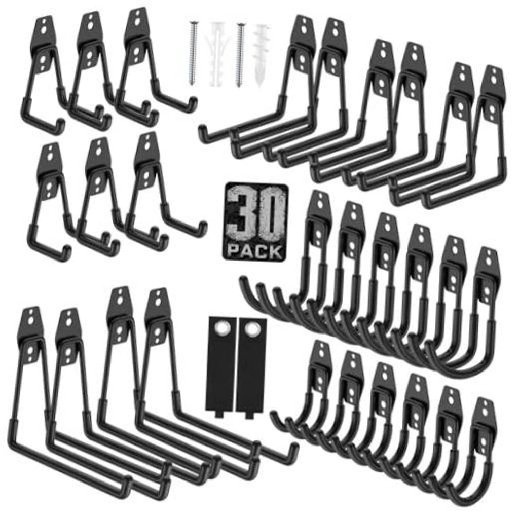 Black heavy-duty wall mount garage hooks, 30-pack set with curved J hooks