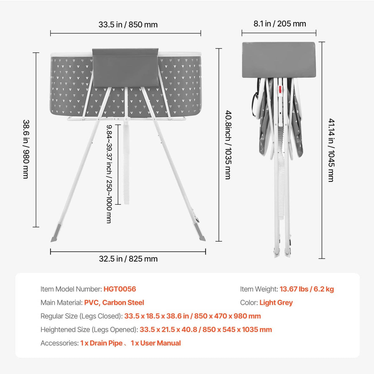 Gray foldable elevated dog bath tub dimensions diagram with tripod stand