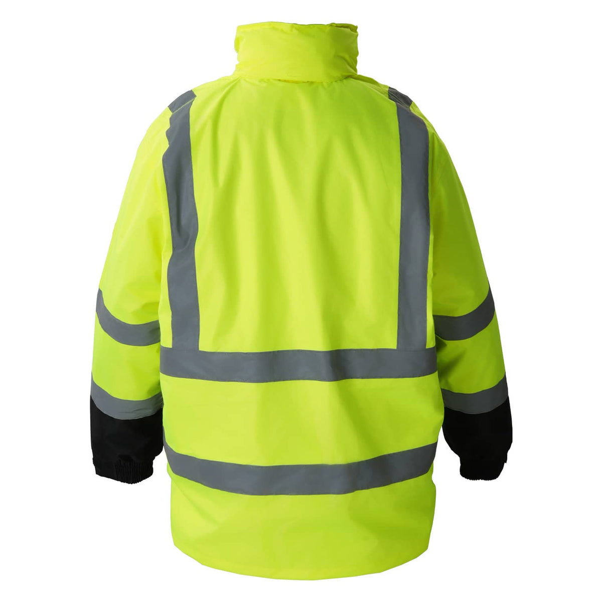 Back view of high-visibility reflective safety jacket, bright yellow with black lower panels