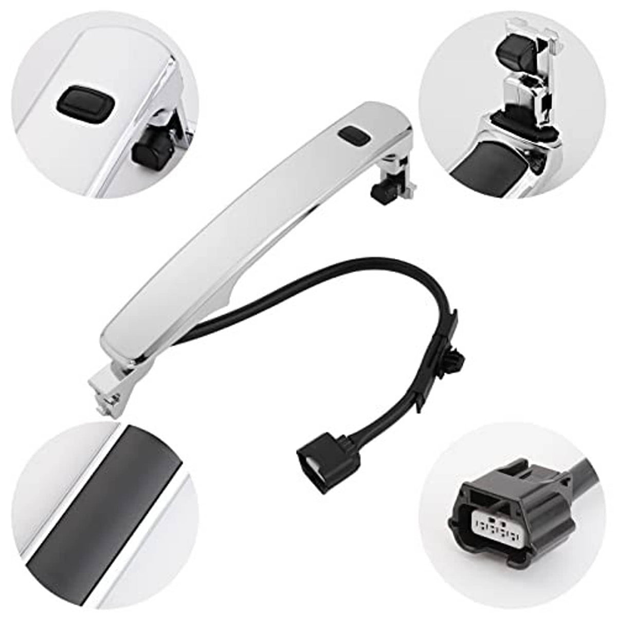 Chrome exterior door handle with black wiring, lock cylinder opening and connector