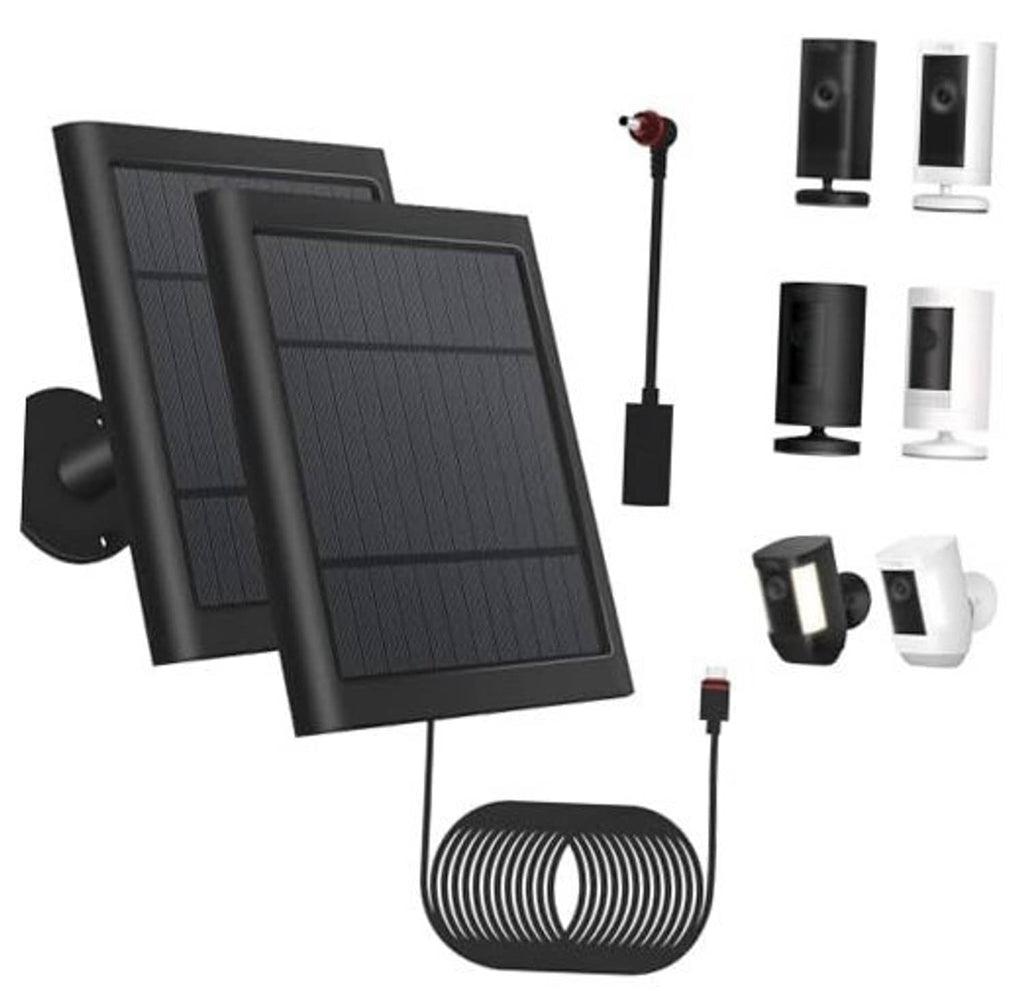 Solar panel charging kit with two black panels, cables, and mounting bracket pieces