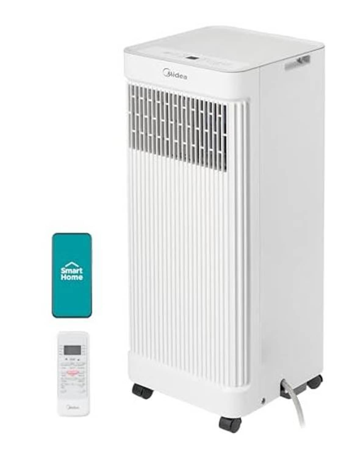 White portable air conditioner with front grille, smart control indicator, and wheels
