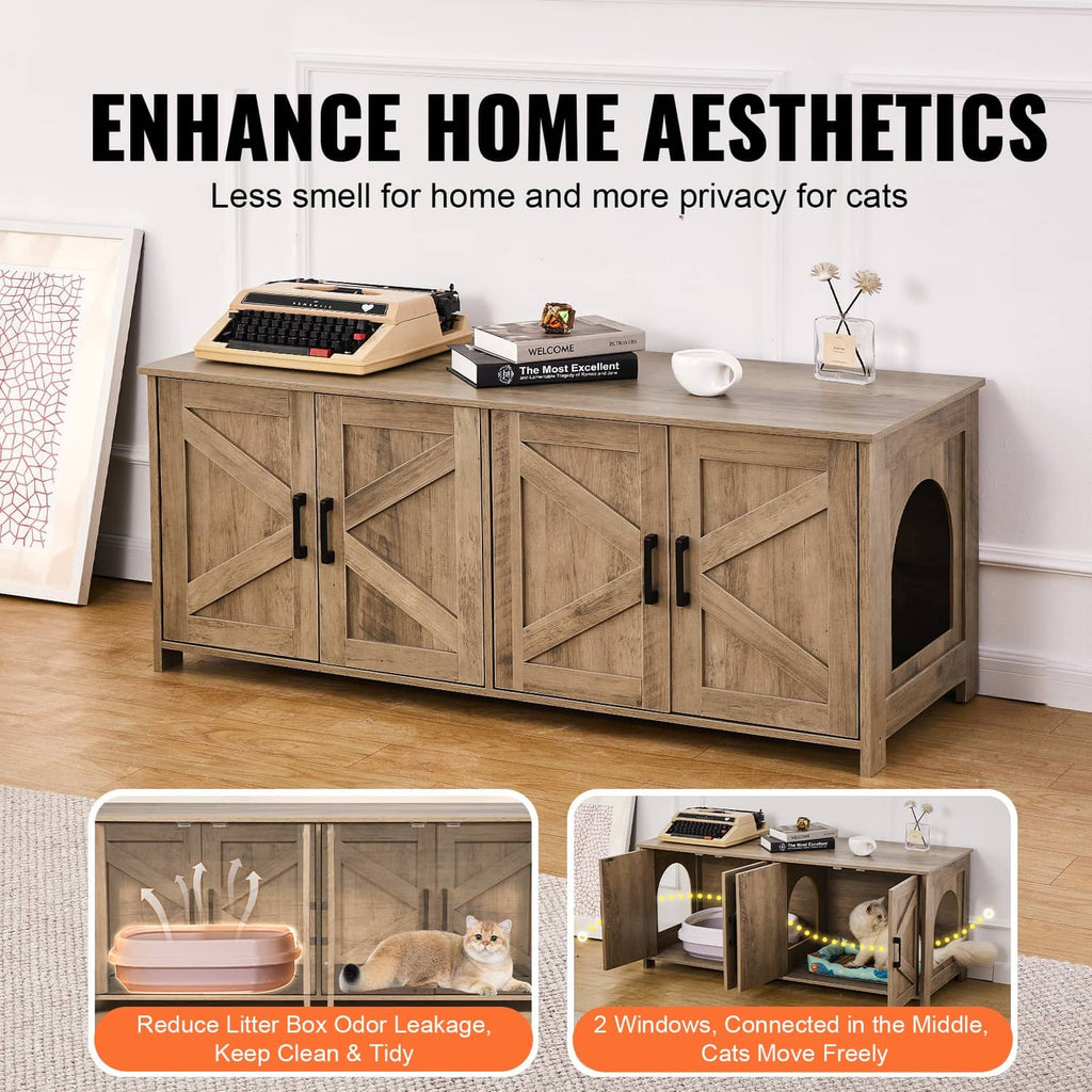 Greige wooden litter box enclosure with side entry cat door and black metal latch handles