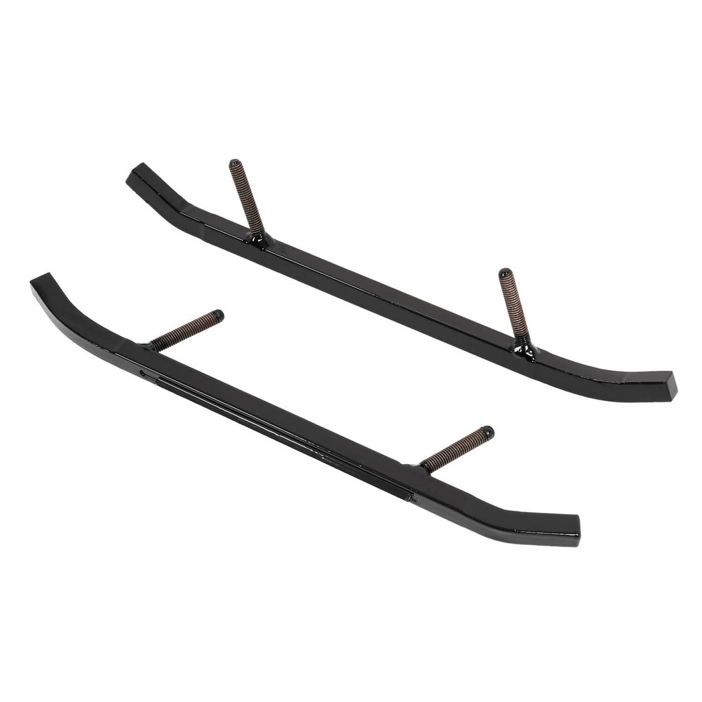 Two black ski wear bars shown at an angle with mounting bolts