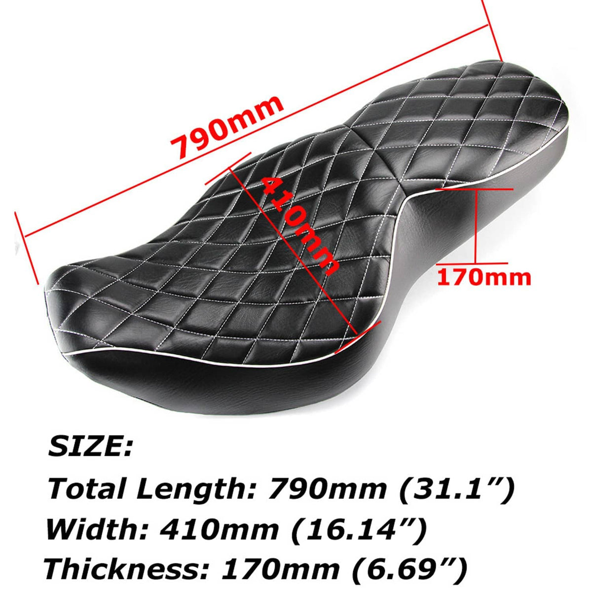 Black diamond-quilted two-up seat with white piping; labeled size dimensions.