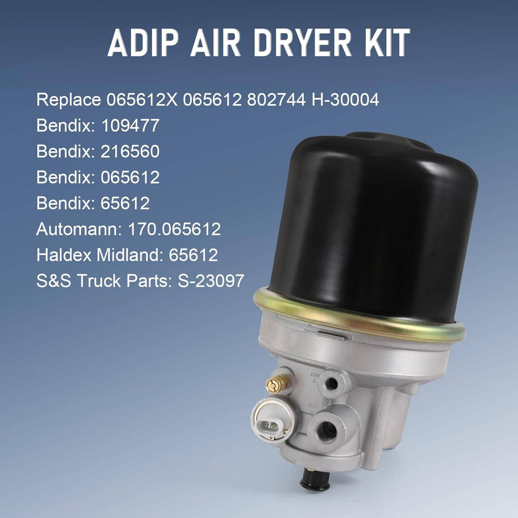Automotive air dryer with black canister and silver base, multiple ports on front