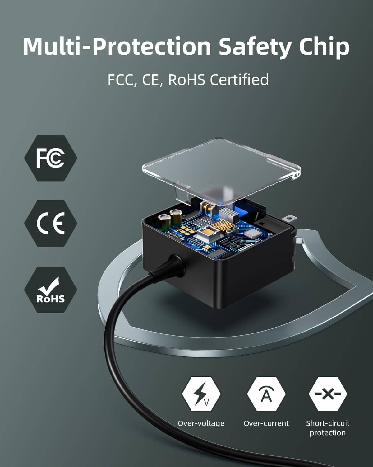 Black laptop charger with internal safety circuit board and protection features