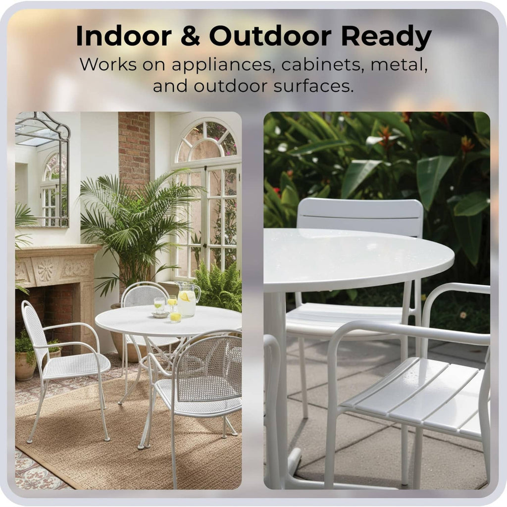 Indoor and outdoor ready info panel for white touch-up paint on various surfaces.