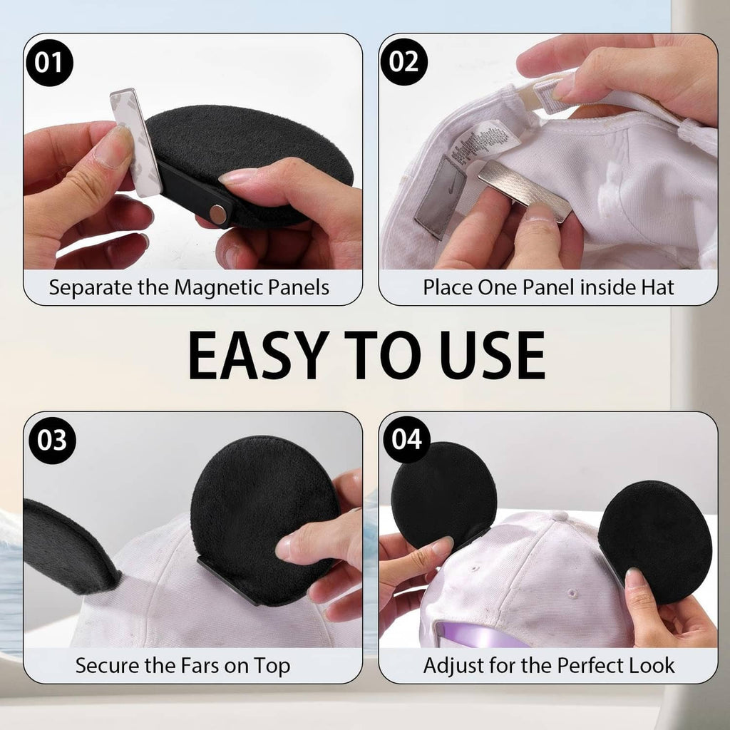 Hands showing placement of black magnetic panels onto hat top for mouse-ear look.