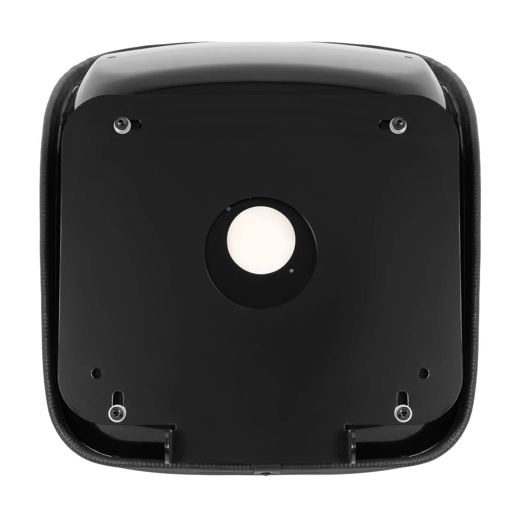 Underside of black tractor seat with mounting holes and center access plate