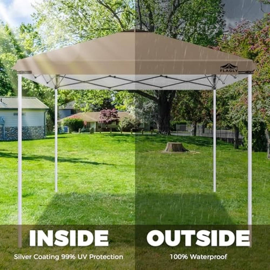 Khaki canopy top on outdoor frame with silver-coated roof for sun protection