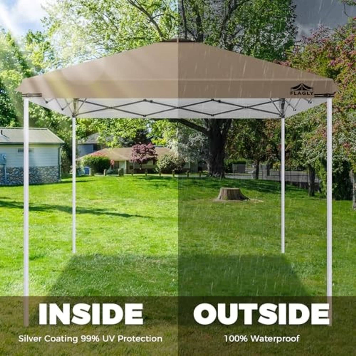 Khaki canopy top on outdoor frame with silver-coated roof for sun protection