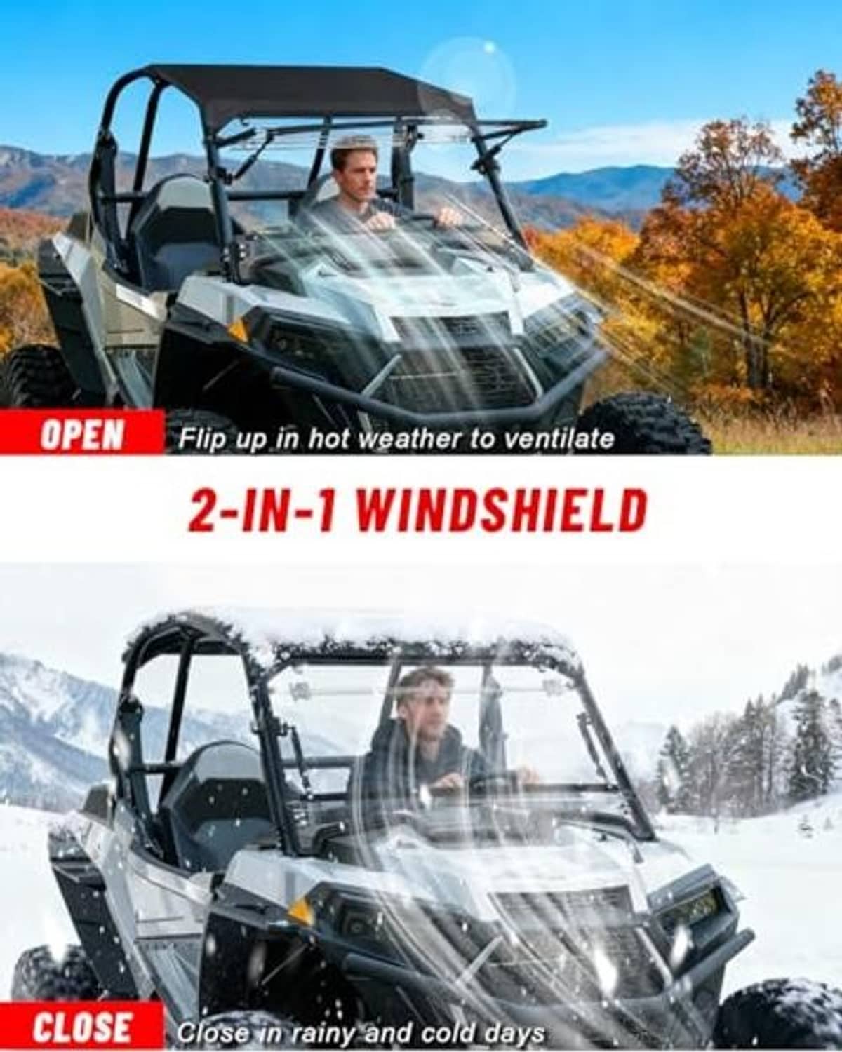 UTV 2-in-1 windshield shown open, clear panel for ventilation