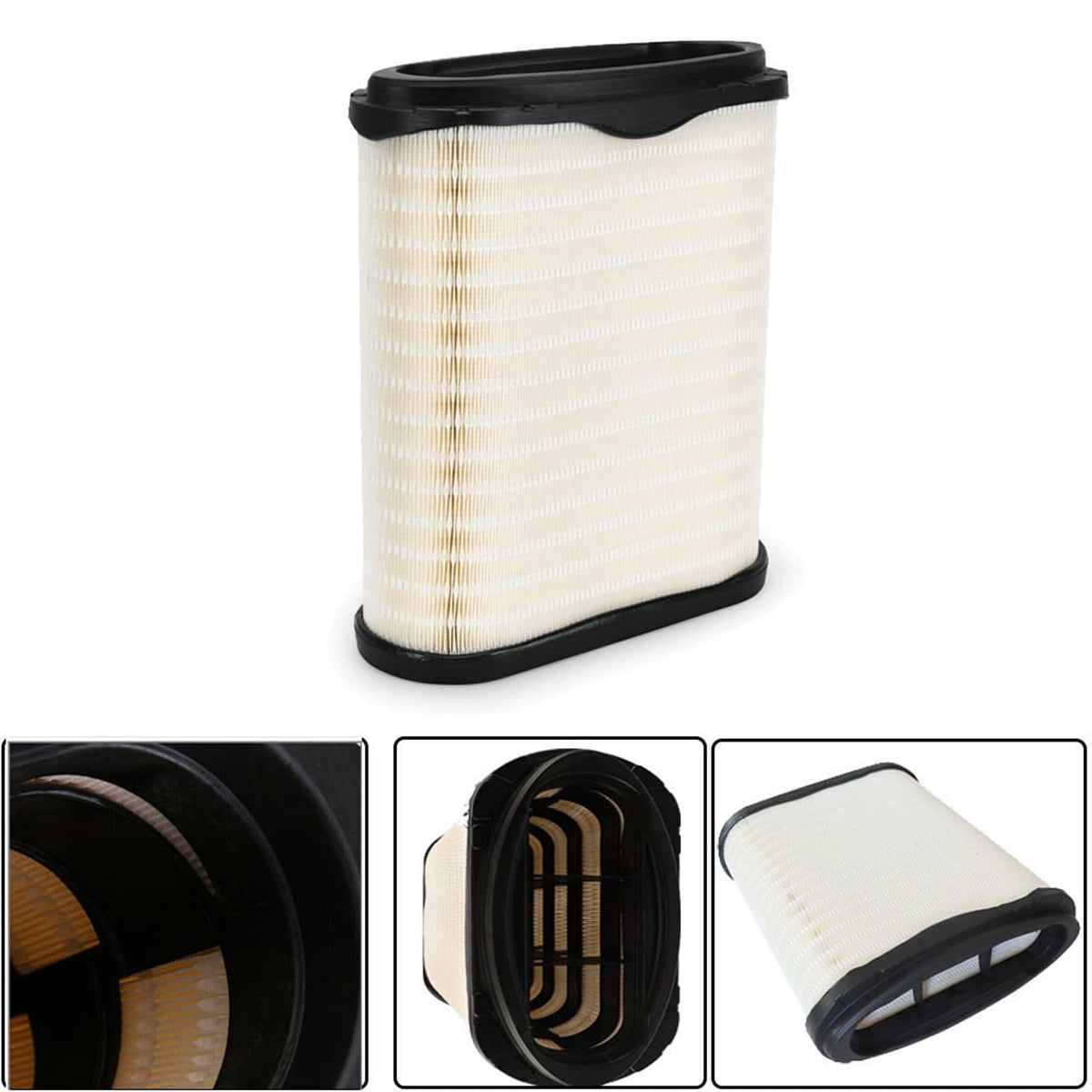 Engine air filter cartridge with cream pleated media and black end caps, side angle