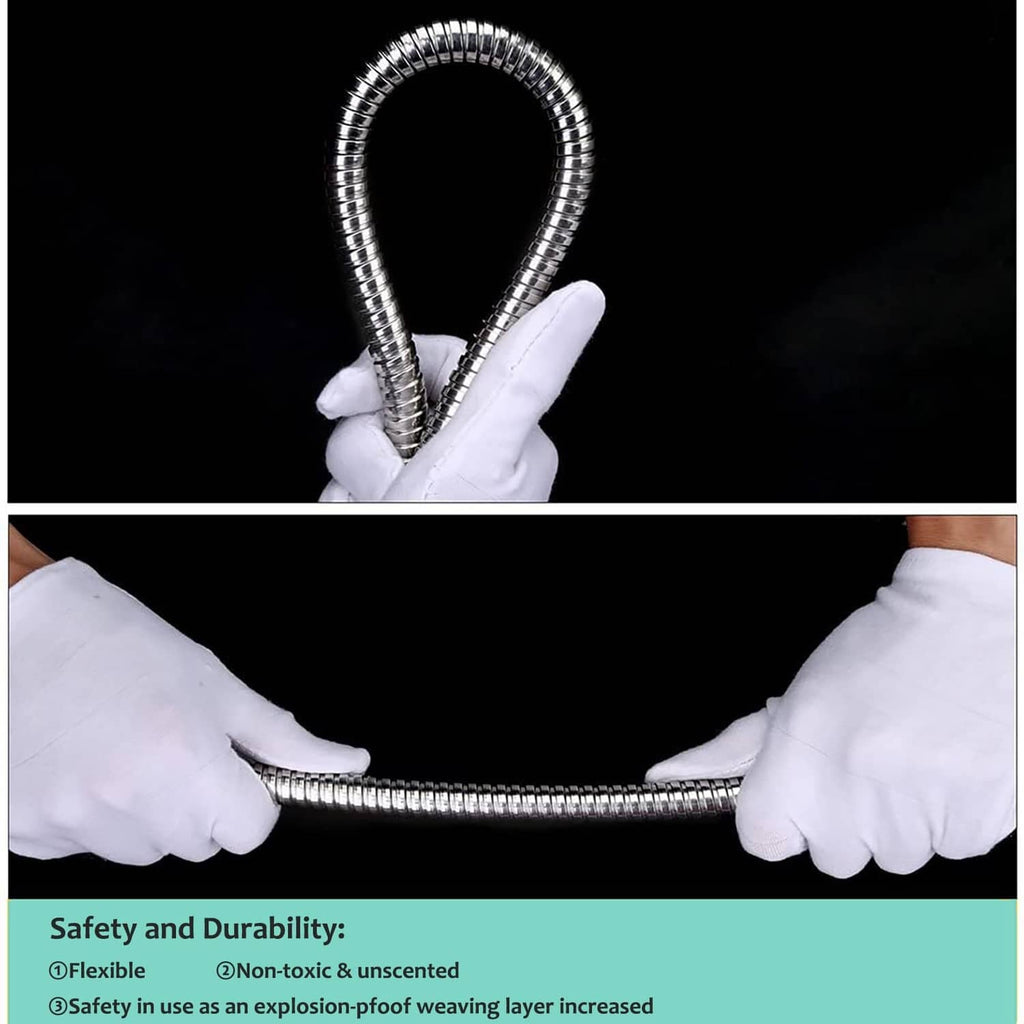Shower hose held in gloved hands with curved flexible coiled metal tubing