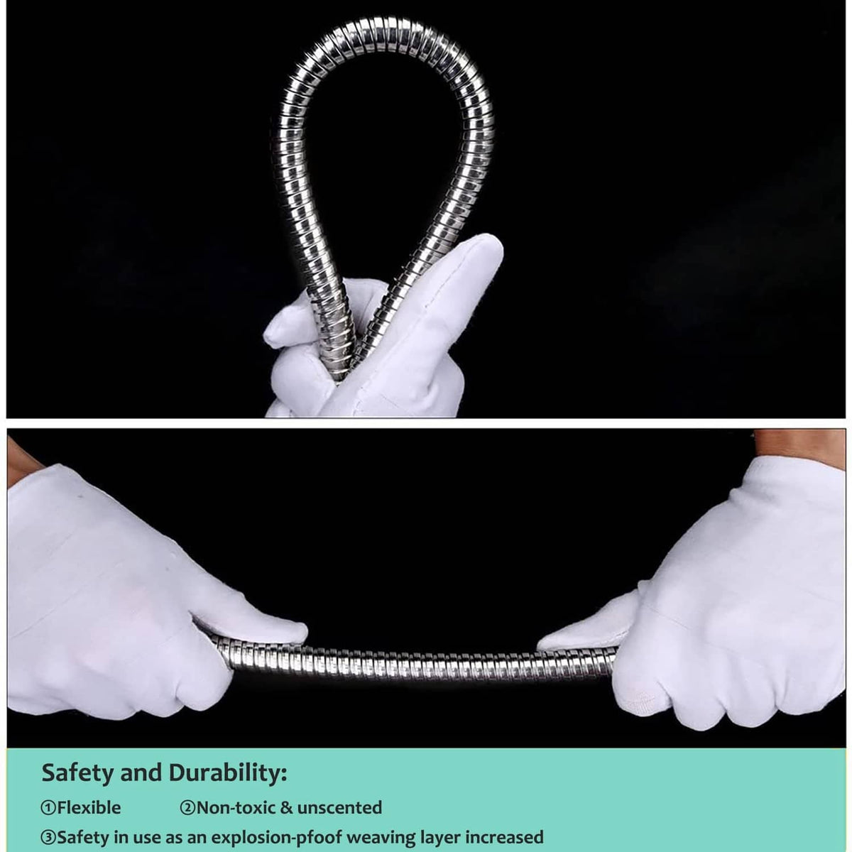 Shower hose held in gloved hands with curved flexible coiled metal tubing