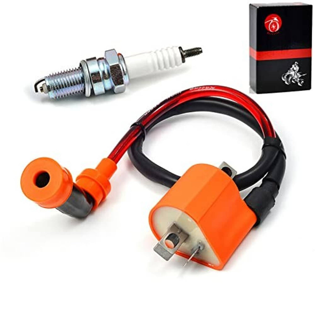 Orange ignition module with red/black cable, orange insulator, and spark plug