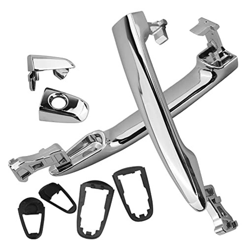 Chrome exterior door handle with side mounting hardware and black insert covers