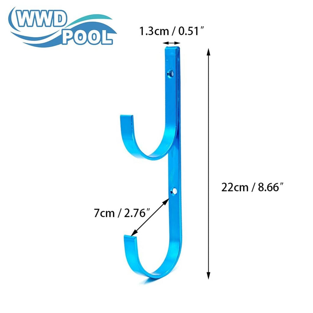 Blue aluminum pool pole hanger hooks with mounting holes and U-shaped design