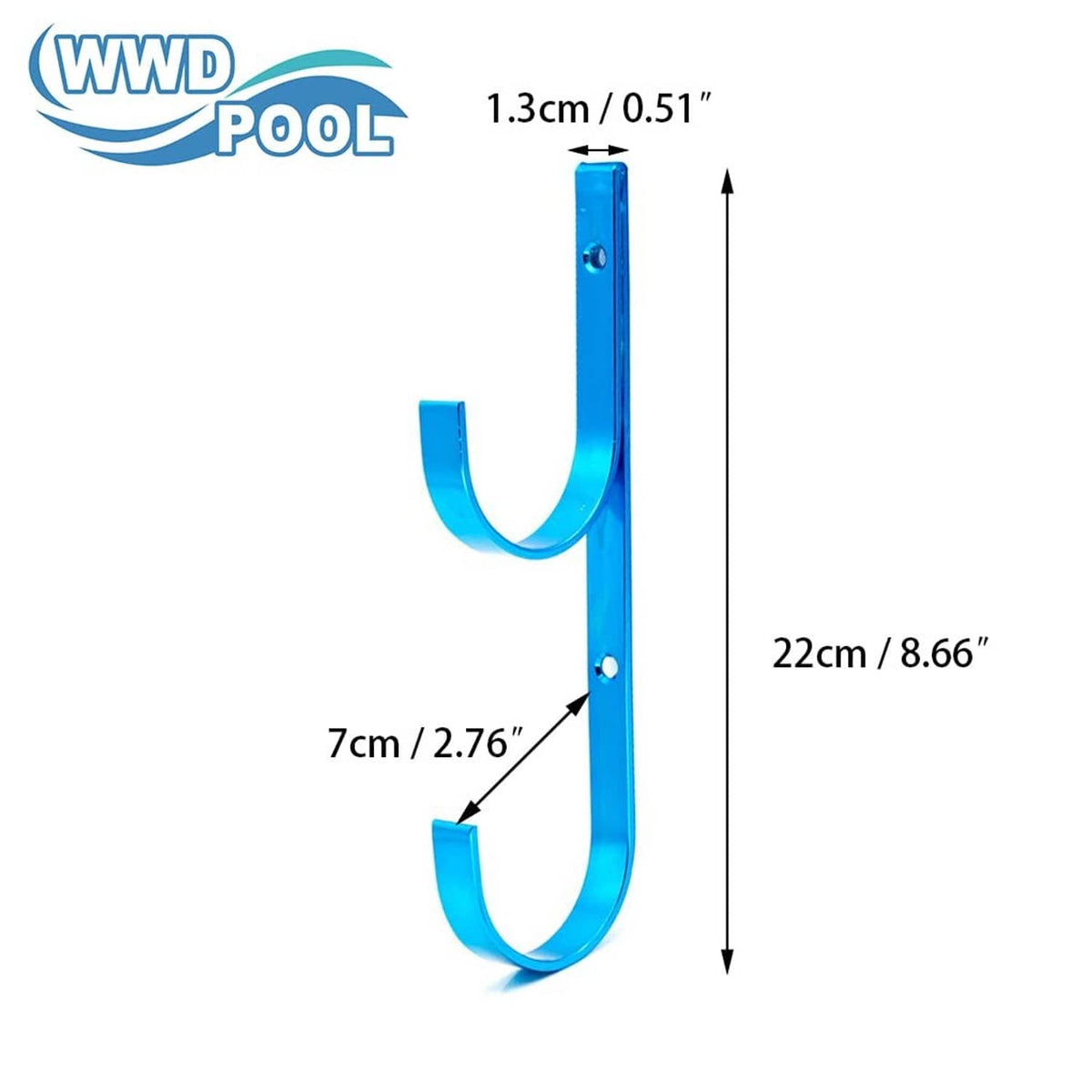 Blue aluminum pool pole hanger hooks with mounting holes and U-shaped design