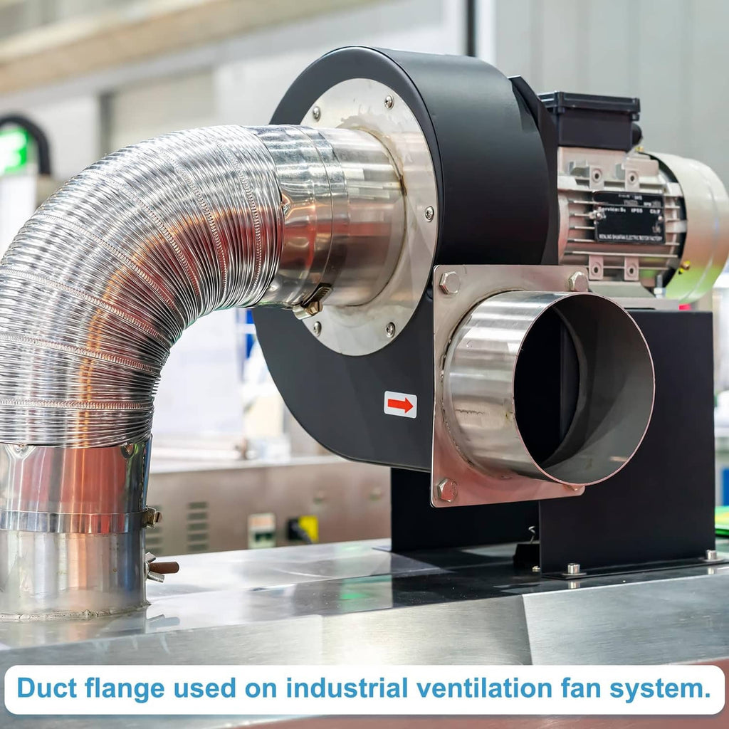Silver duct flange attached to an industrial ventilation fan, oval opening