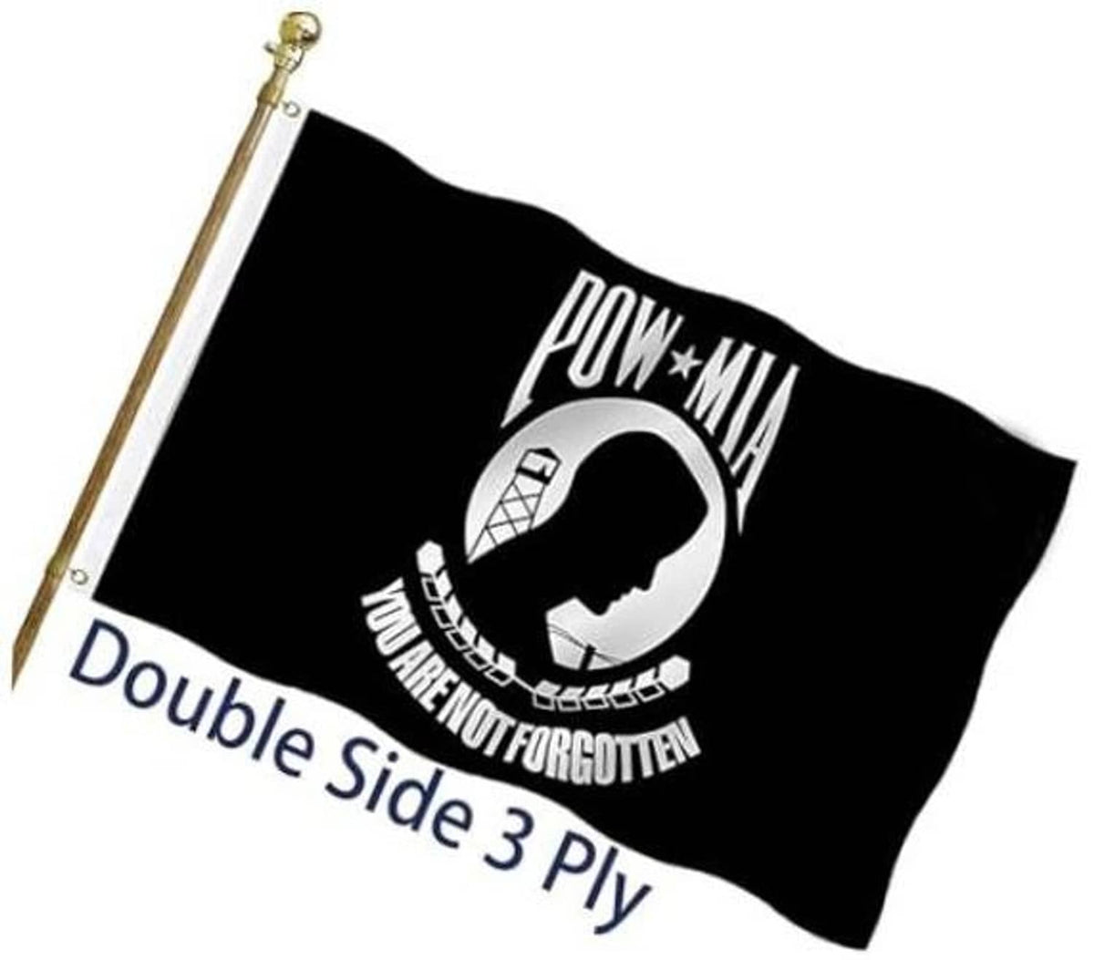Black double-sided outdoor flag with POW*MIA emblem, on a gold pole