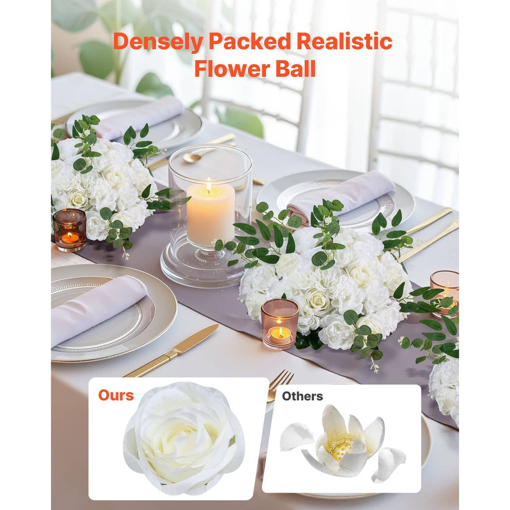 Artificial white flower ball centerpiece with roses and green leaves, styled on a table