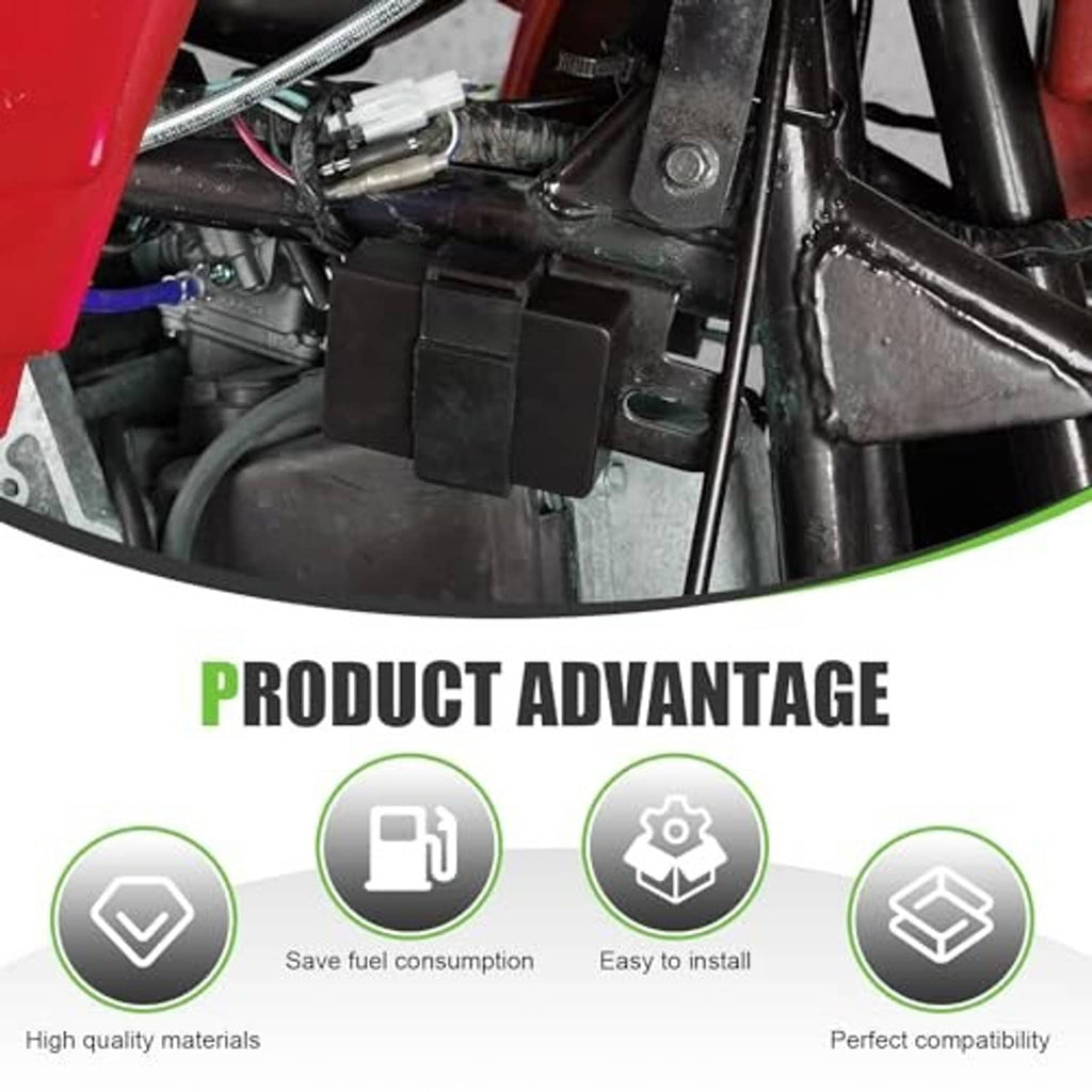Black AC CDI ignition box mounted on ATV engine with wire connectors