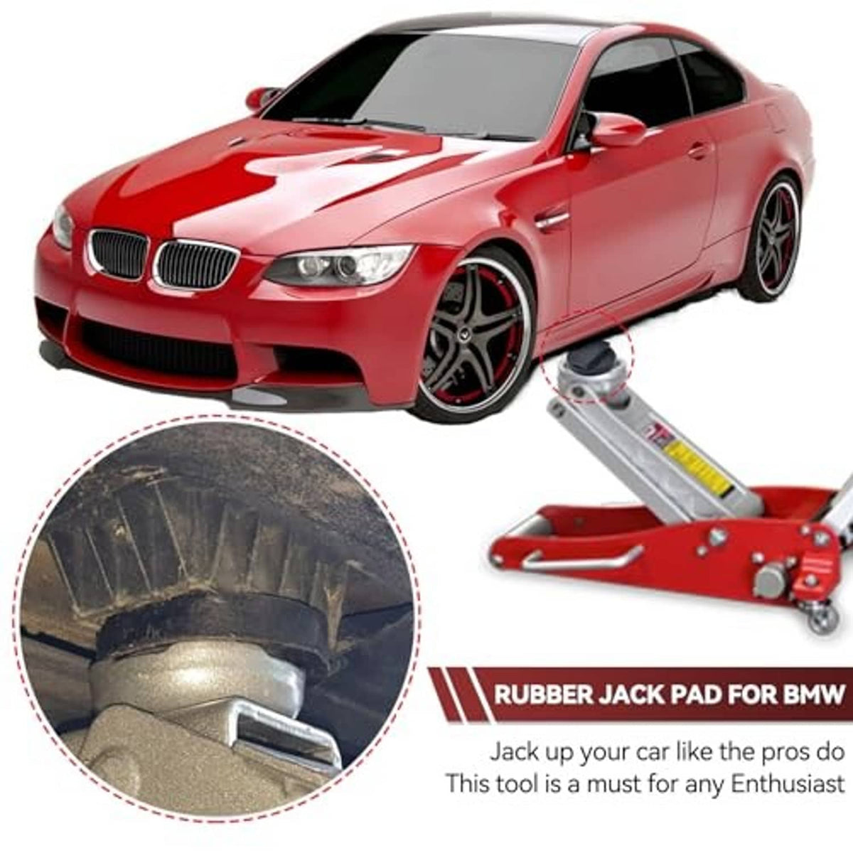 Rubber jack pad adaptor used with a red floor jack lifting car sill