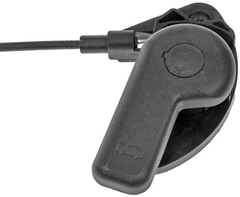 Dark gray hood release latch handle with cable connector and mounting bracket