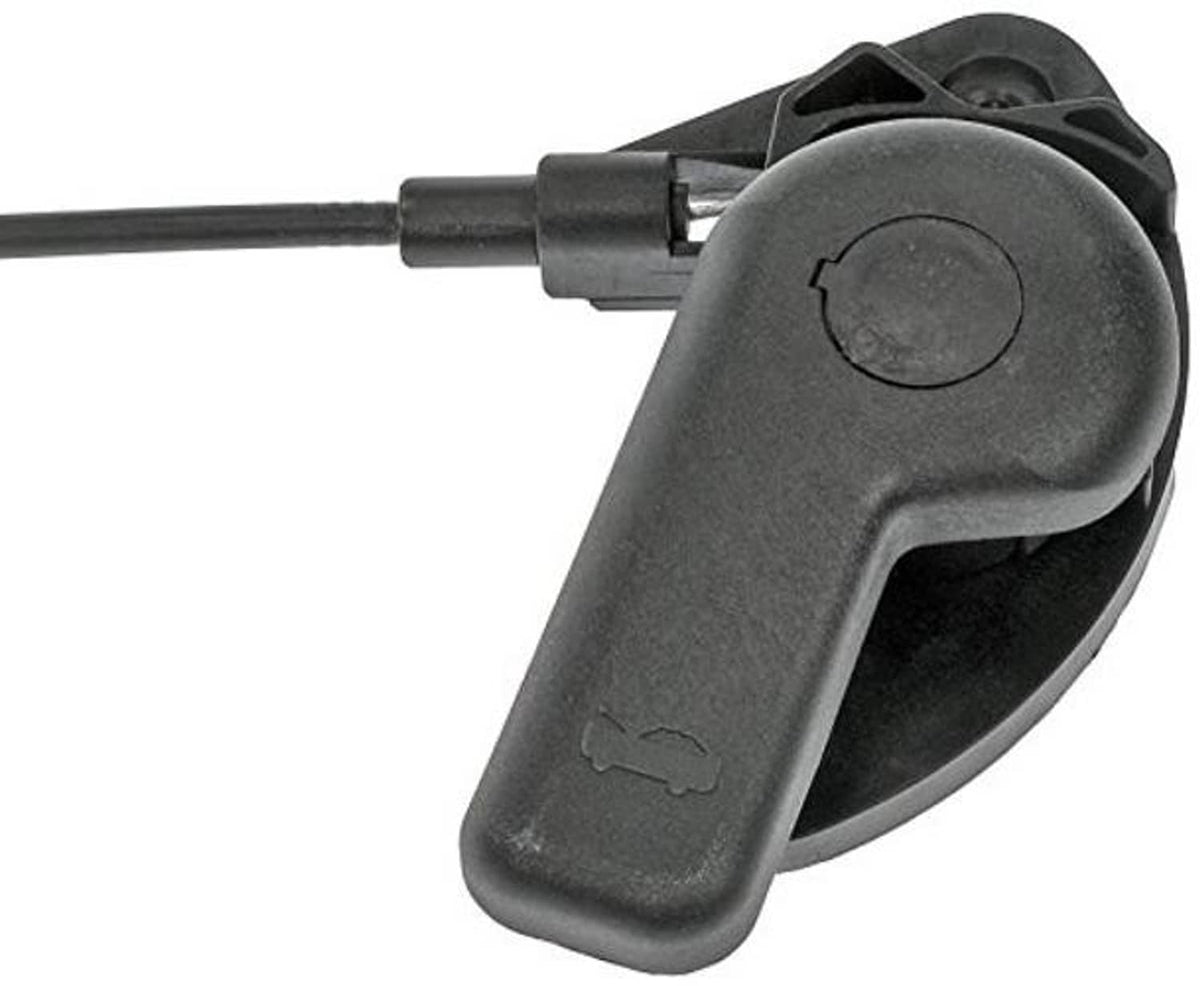 Dark gray hood release latch handle with cable connector and mounting bracket