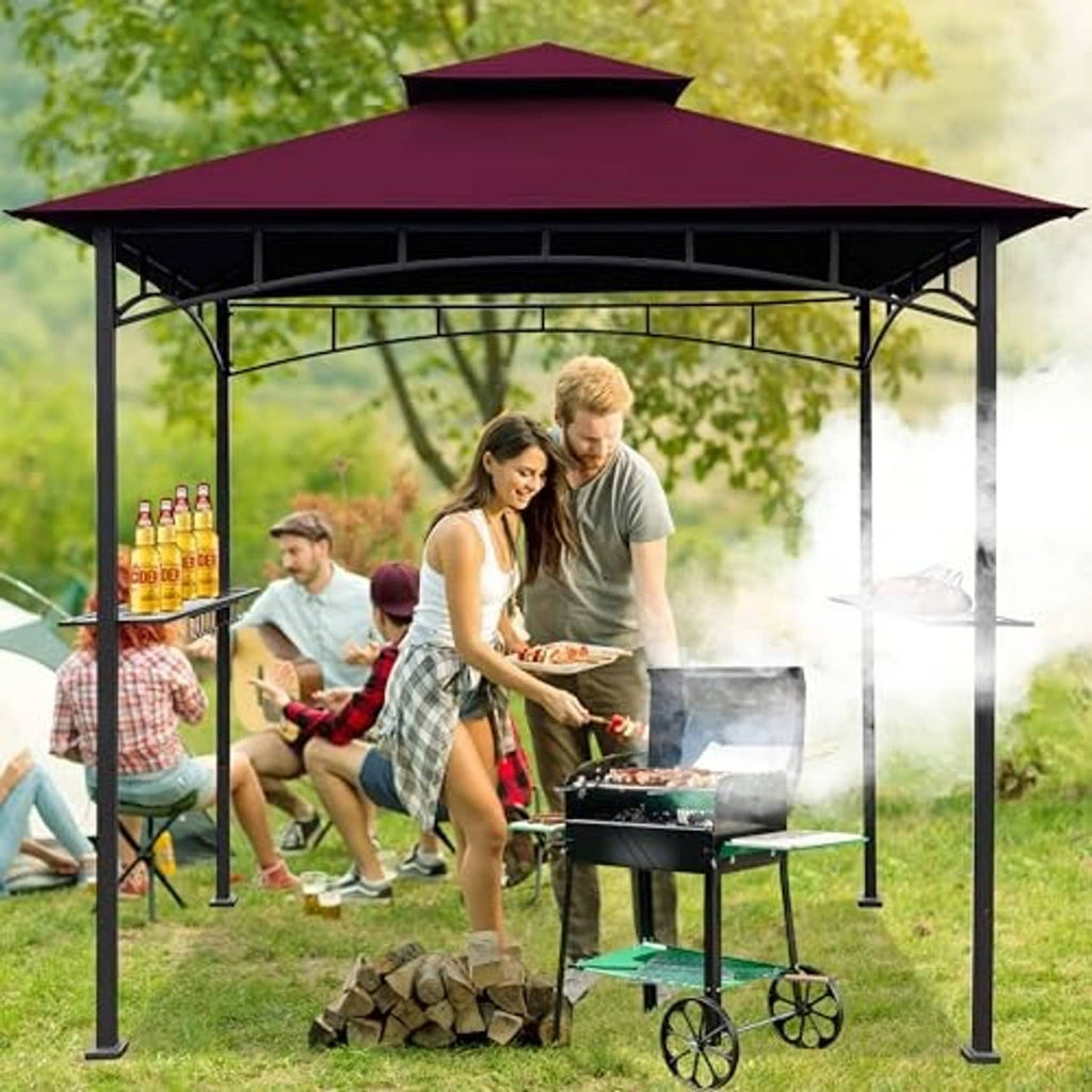 Burgundy double-roof gazebo canopy top with black frame over an outdoor grill area