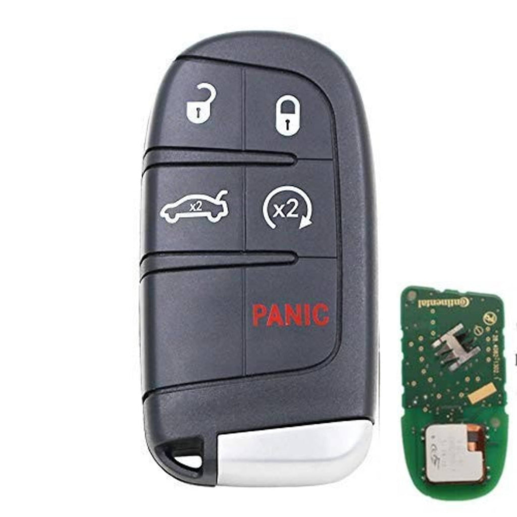 Dark gray keyless car key fob showing 5 buttons and PANIC, with key ring loop.