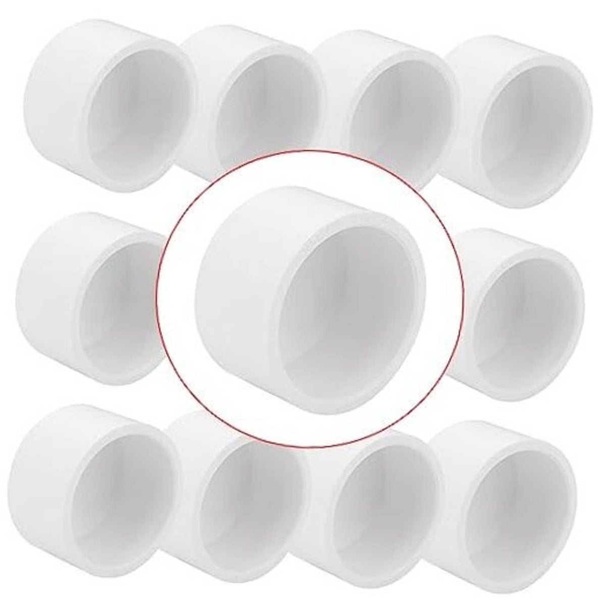 White PVC pipe end caps, 1-1/4 in, shown as a 10-pack pile